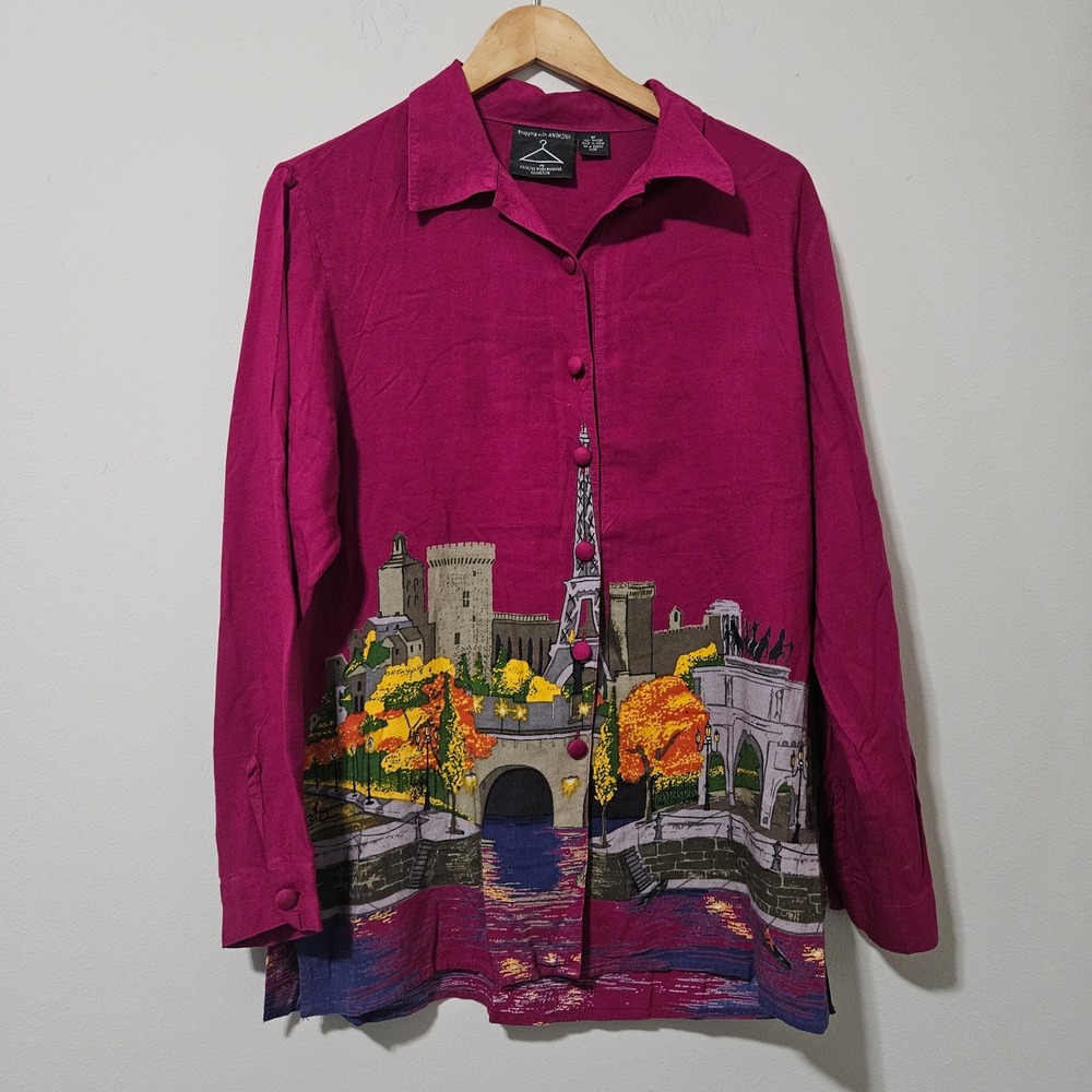 Anthony Mark Hankins Paris Cityscape Rayon Button Front Shirt Magenta Pink Medum